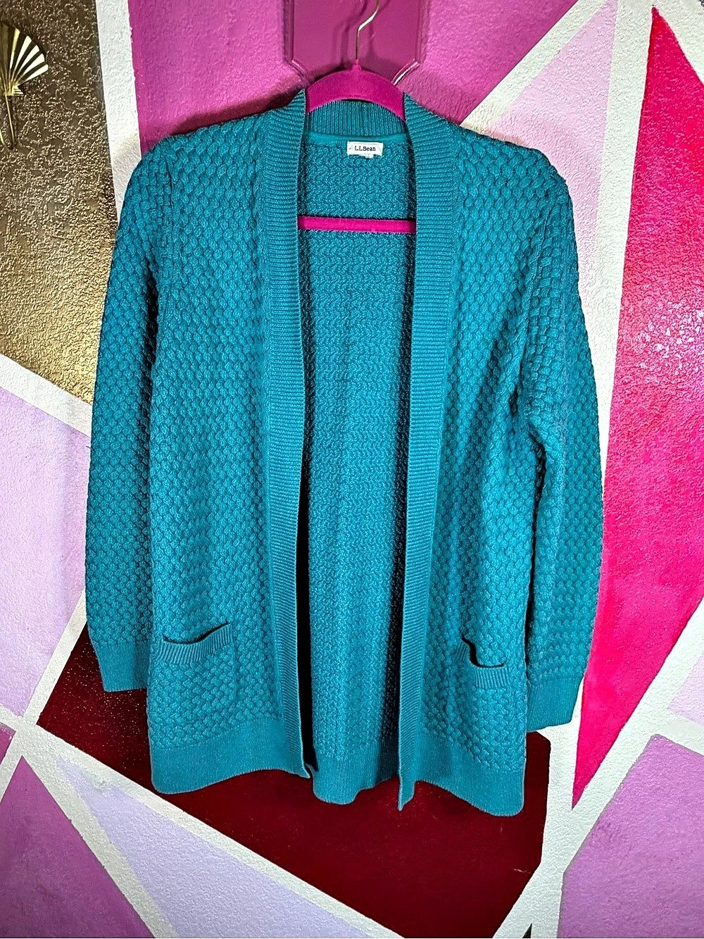 L.L.Bean Small Teal Basketweave Knit Open Front Cardigan Pockets Cozy Classic